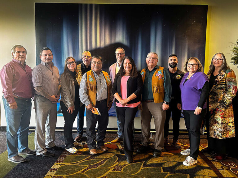 Group Photo of NIEDB Members at Yellowknife Conference. From left to right: Bob Dickson (NIEDB), Maxime Vollant (NIEDB), Danielle Levine (NIEDB), Michael Bonshor (NIEDB), Chief Fred Sangris (Yellowknives Dene First Nation), Mark Lewis (Det’on Cho Management LP), Jake Heron (NWT Métis Nation), Silas Shafqat (Director Economic Development, Yellowknives First Nation), Dr. Marie Delorme (NIEDB), Sandra Sutter (NIEDB)